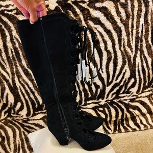 Black Lace Up Knee High Boots